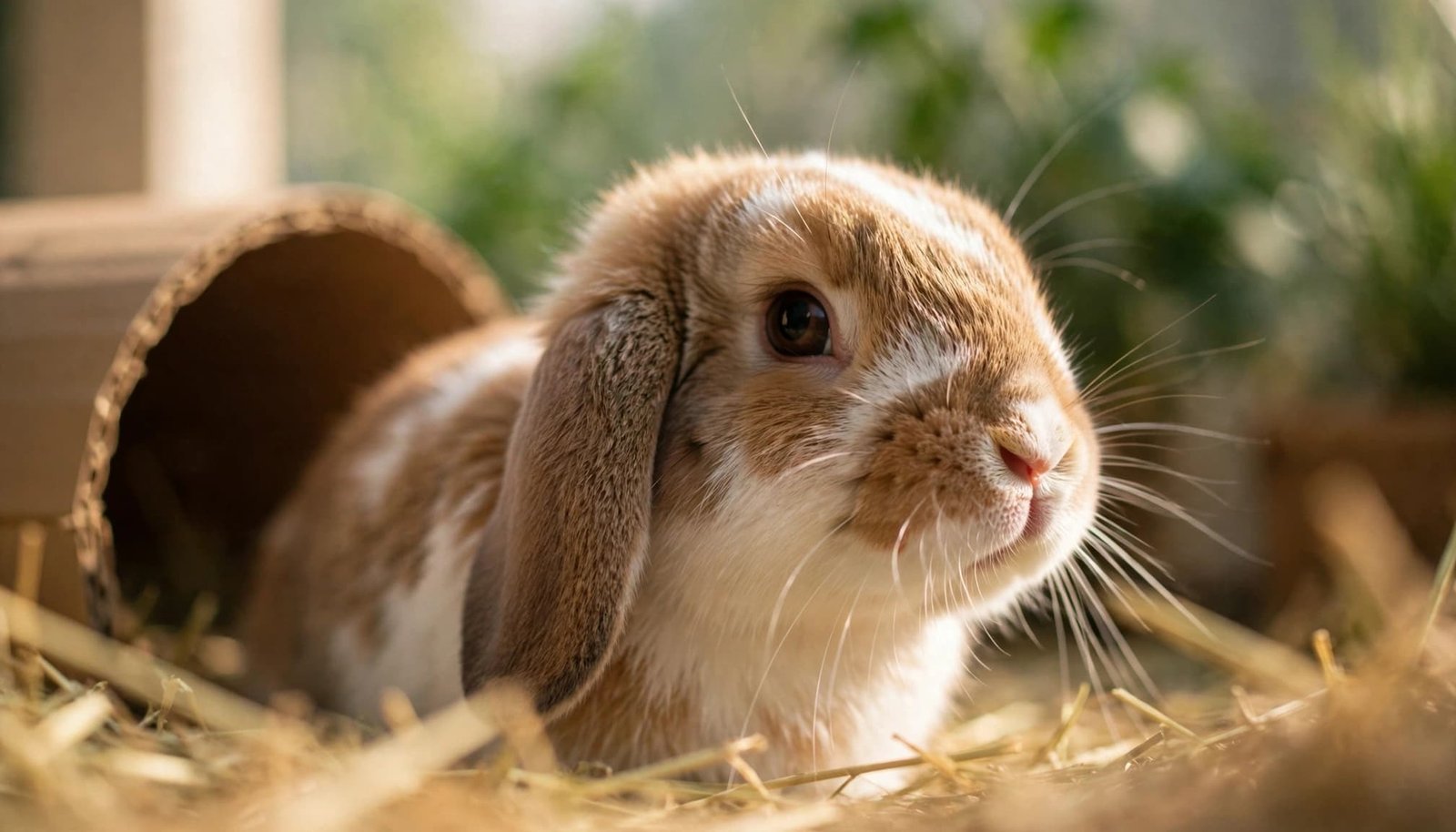 A brown-and-white rabbit sniffs beside hay and a cardboard tunnel.