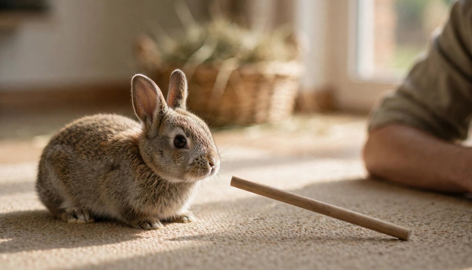 A rabbit approaches a wooden target stick on a sunlit rug.