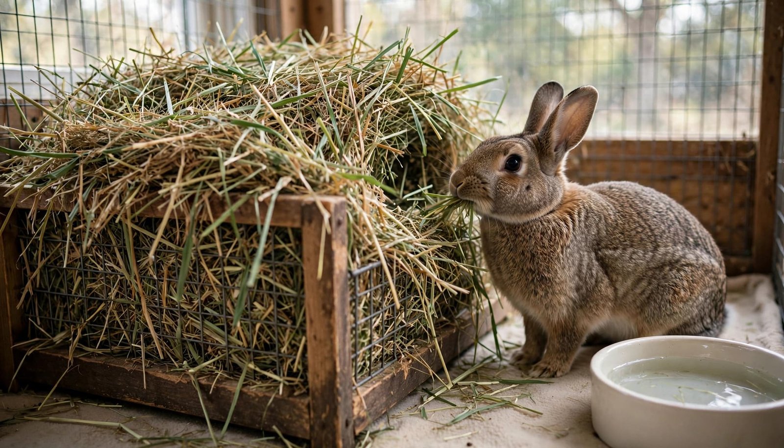 A brown rabbit eats fresh hay from a wooden feeder next to a water bowl.