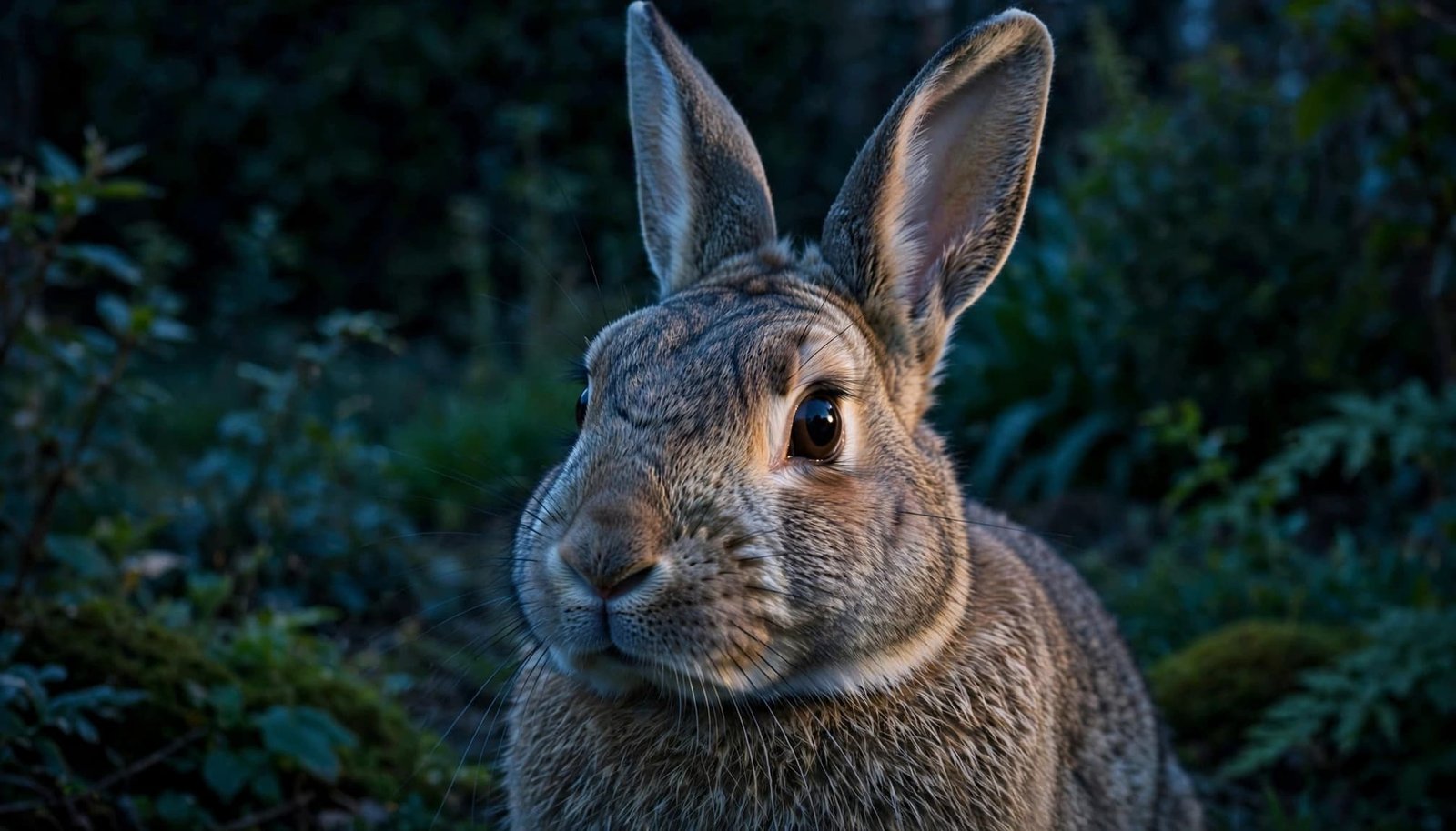 A rabbit with upright ears looks toward the camera in a dim garden.