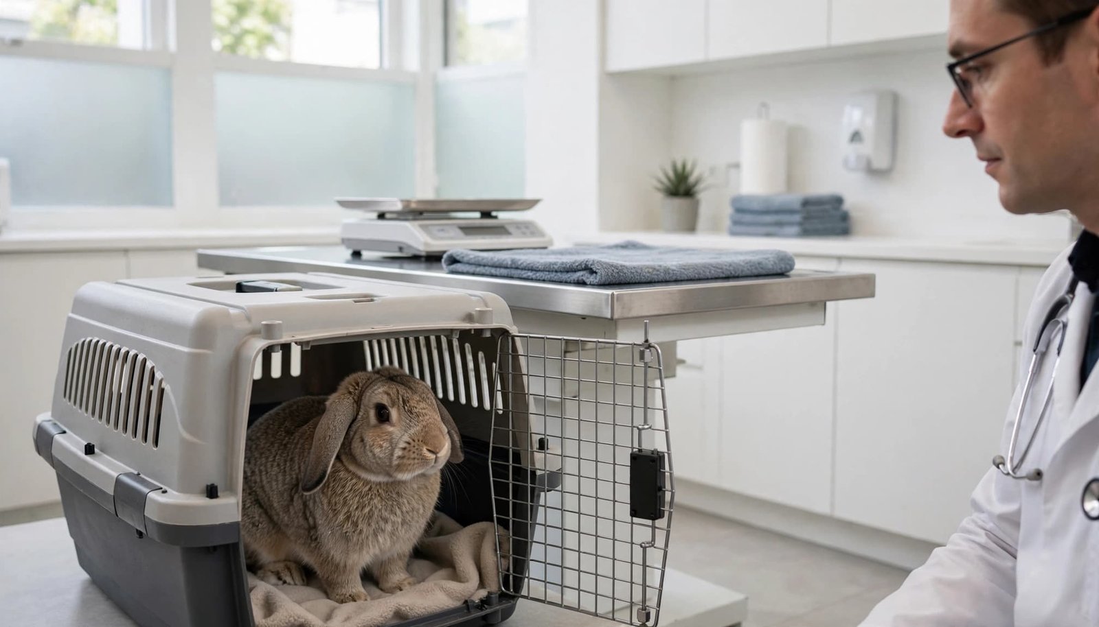 A rabbit in a pet carrier sits in a veterinary exam room next to a veterinarian.