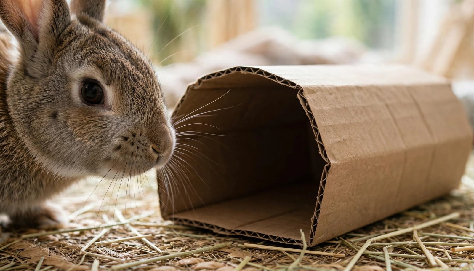 A domestic rabbit explores the entrance of a cardboard tunnel.