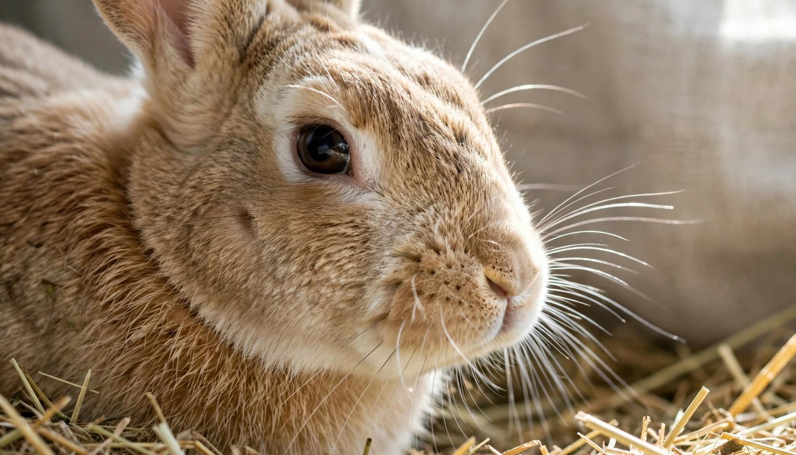 A close-up shot of a brown rabbit's head showing its eye, nose, and whiskers.