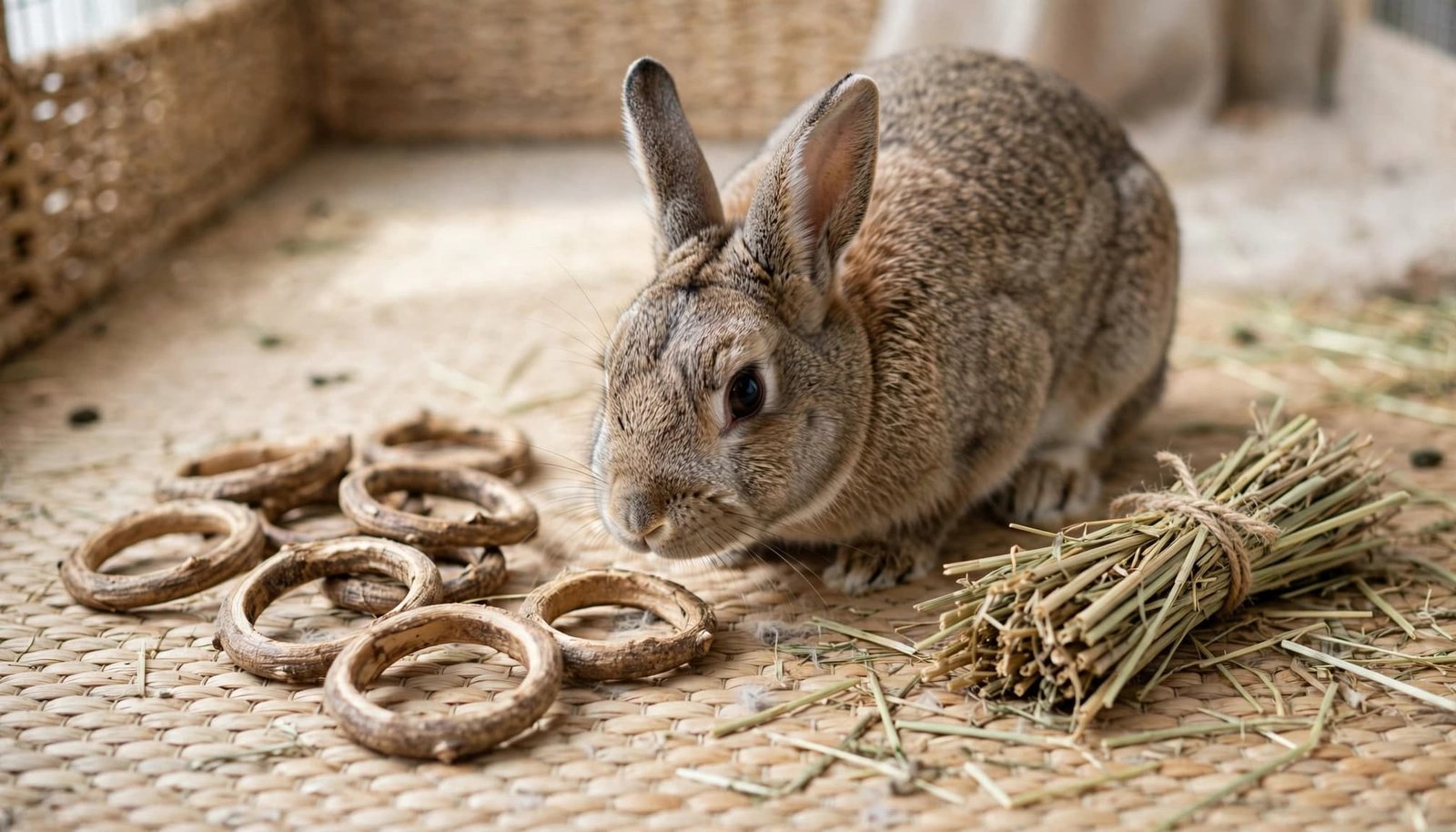 A domestic rabbit investigating willow chew rings and a bundle of hay on a woven floor.