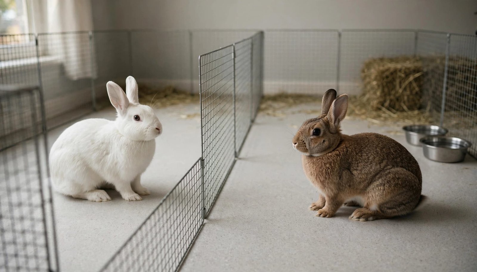 A white rabbit and a brown rabbit sit separated by a wire barrier in an indoor pen.