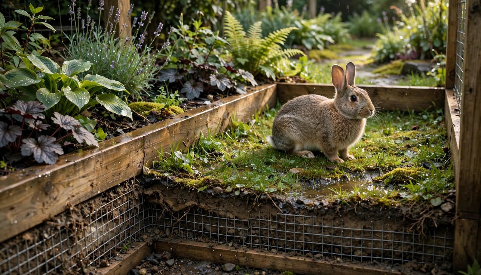 A rabbit rests inside a garden run with mesh buried along its edge.