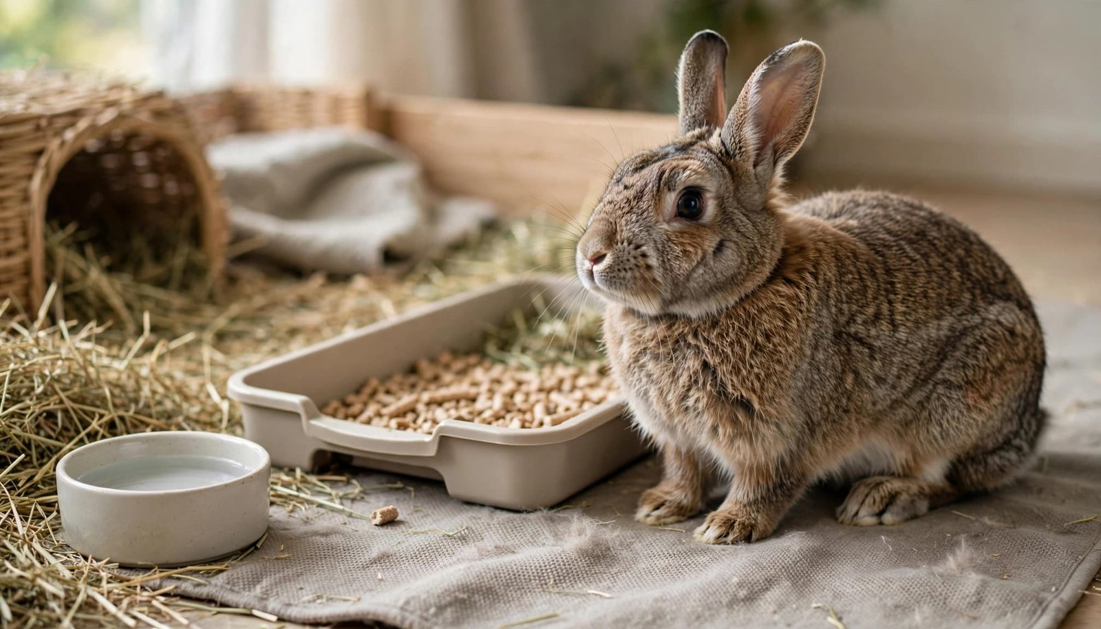 A brown pet rabbit sits beside a low-entry litter tray and a water bowl on a mat.