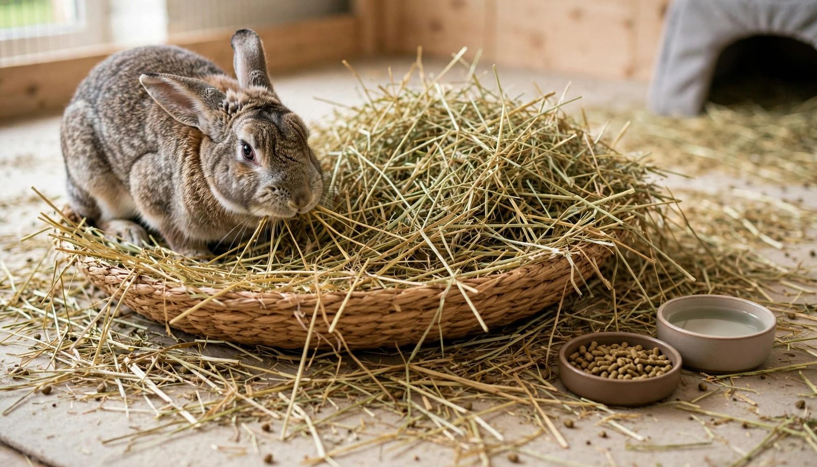 A brown rabbit eats hay from a basket with bowls of pellets and water nearby.