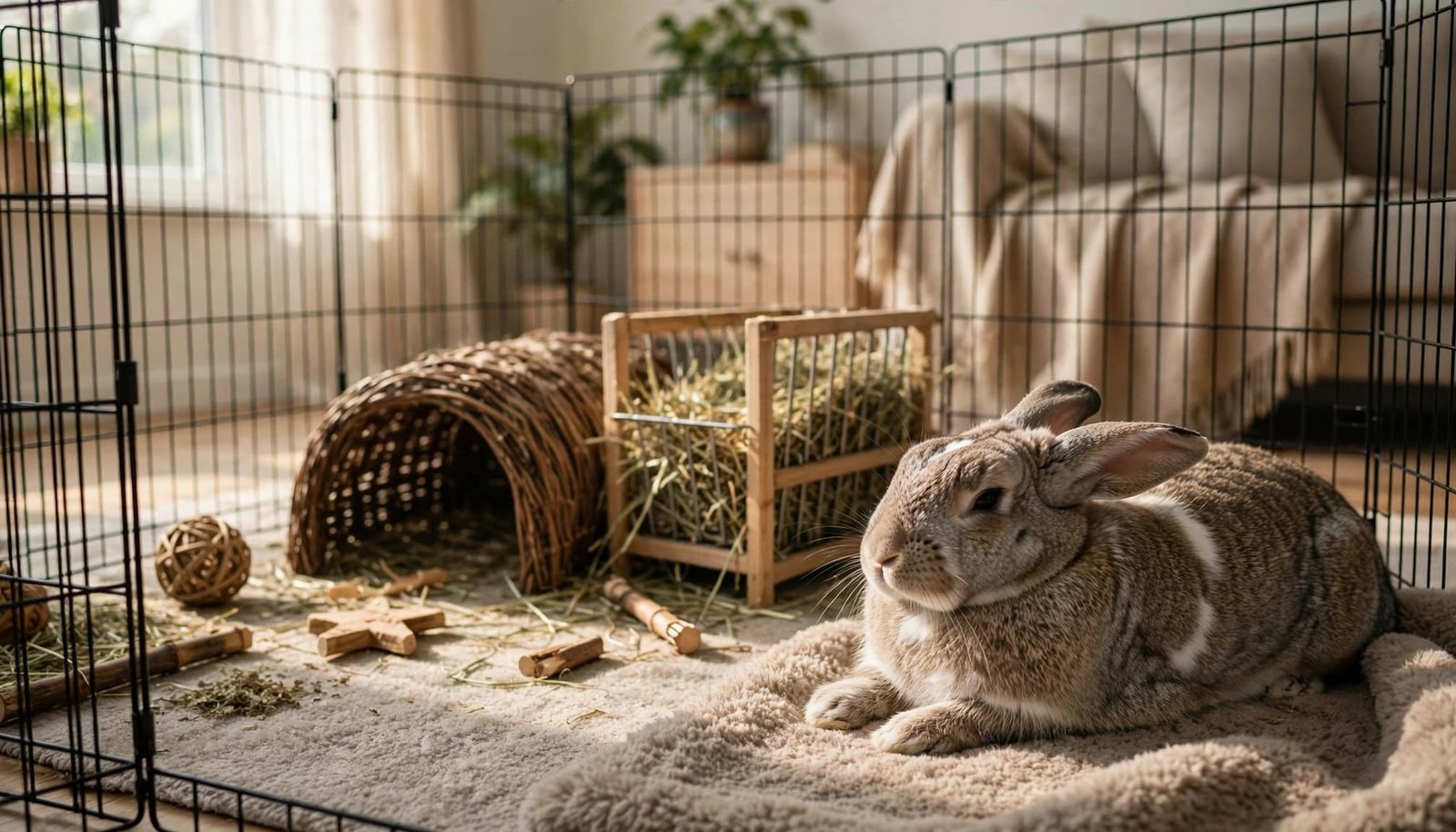 A rabbit rests on a rug beside a tunnel, hay rack, and chew toys.